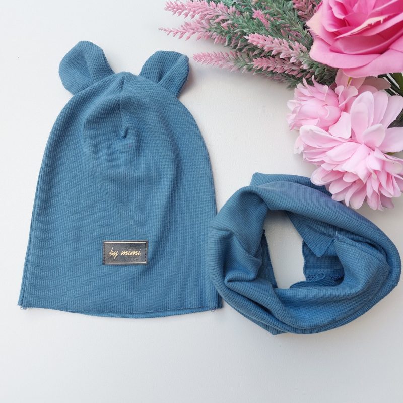 Czapka z uszkami + komin niebieski