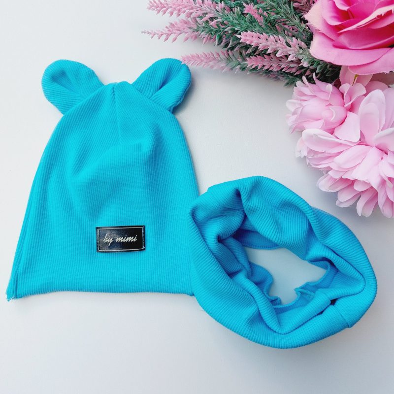 Czapka z uszkami + komin błękitny