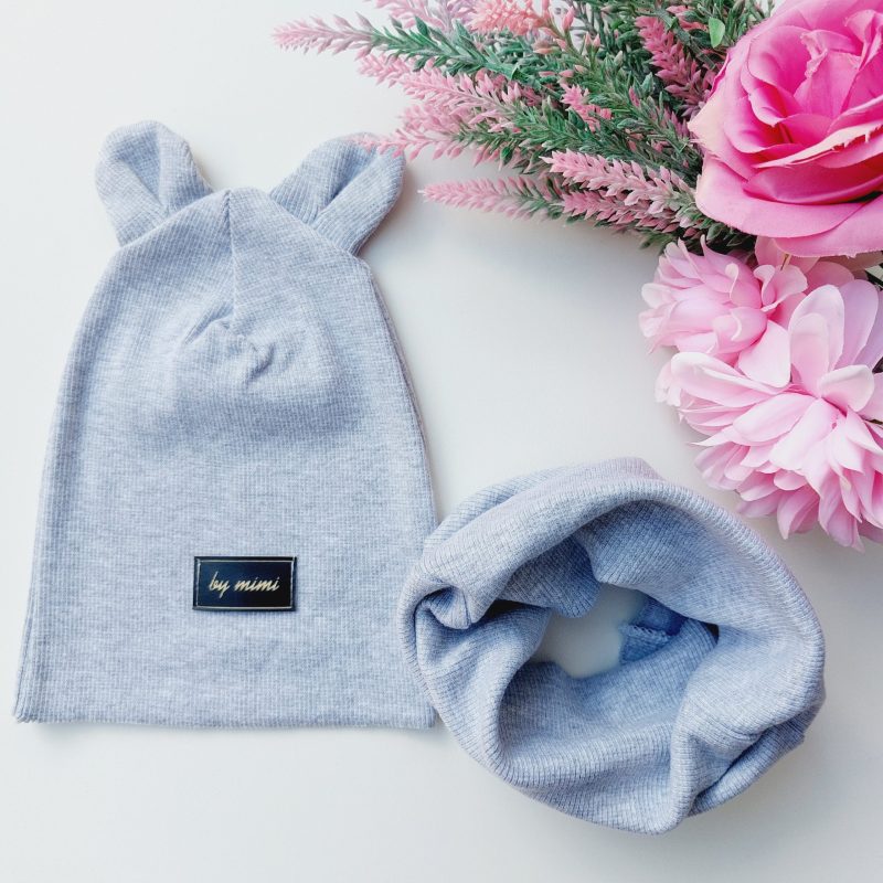 Czapka z uszkami + komin szary