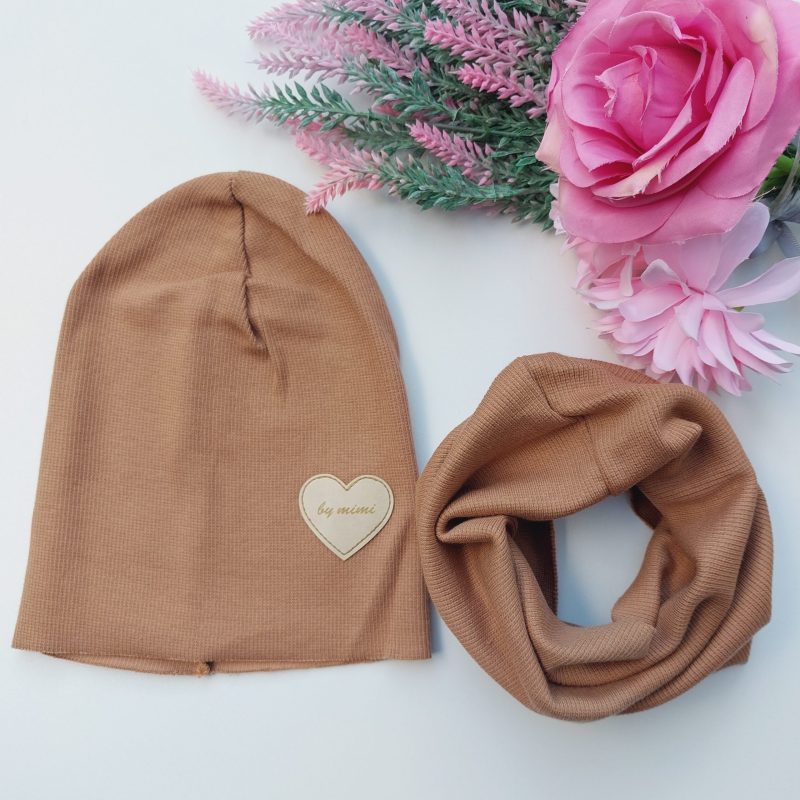 Czapka + komin prążek jasny brąz By Mimi