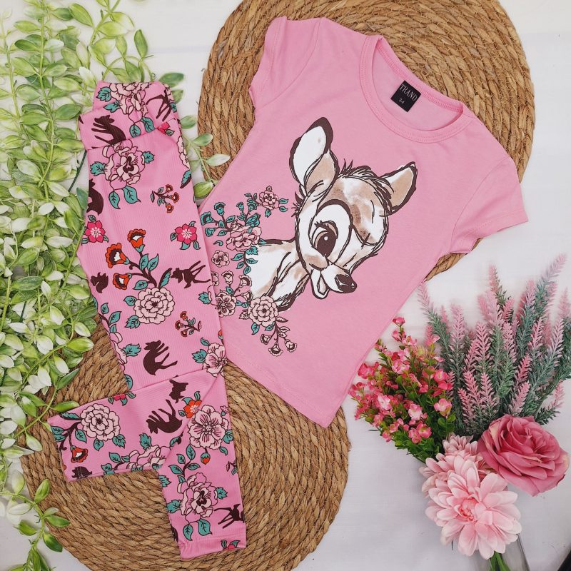 Różowy komplet Bambi z prążkowanymi leginsami