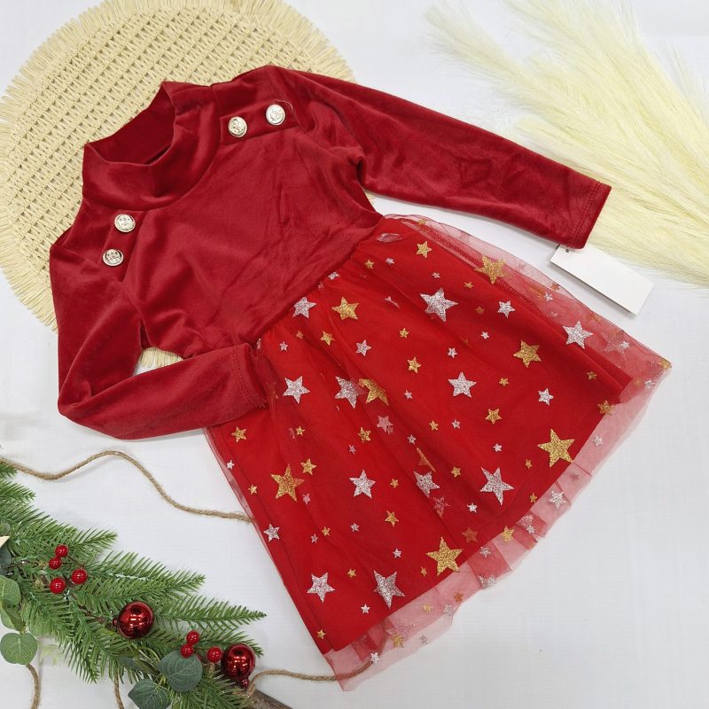 Sukienka welurowa z czerwonym tiulem w gwiazdki