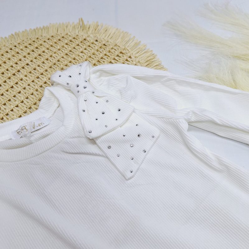 Biała bluzka prążek z kokardą na ramieniu